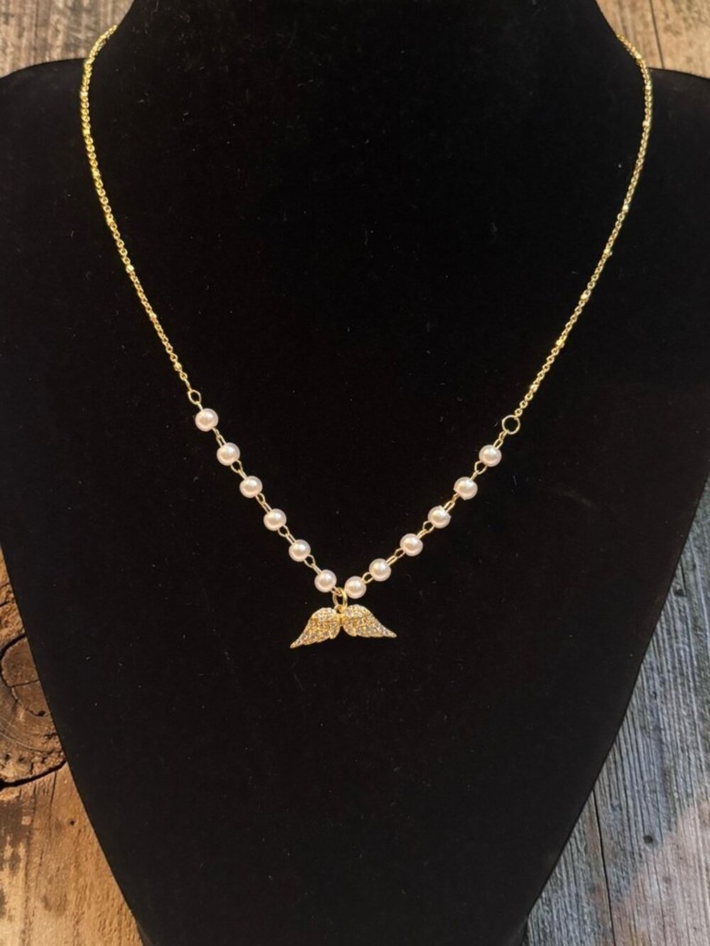 Gold-Tone Necklace With Faux Pearls & Rhinestone Angel Wings Pendant By Evry